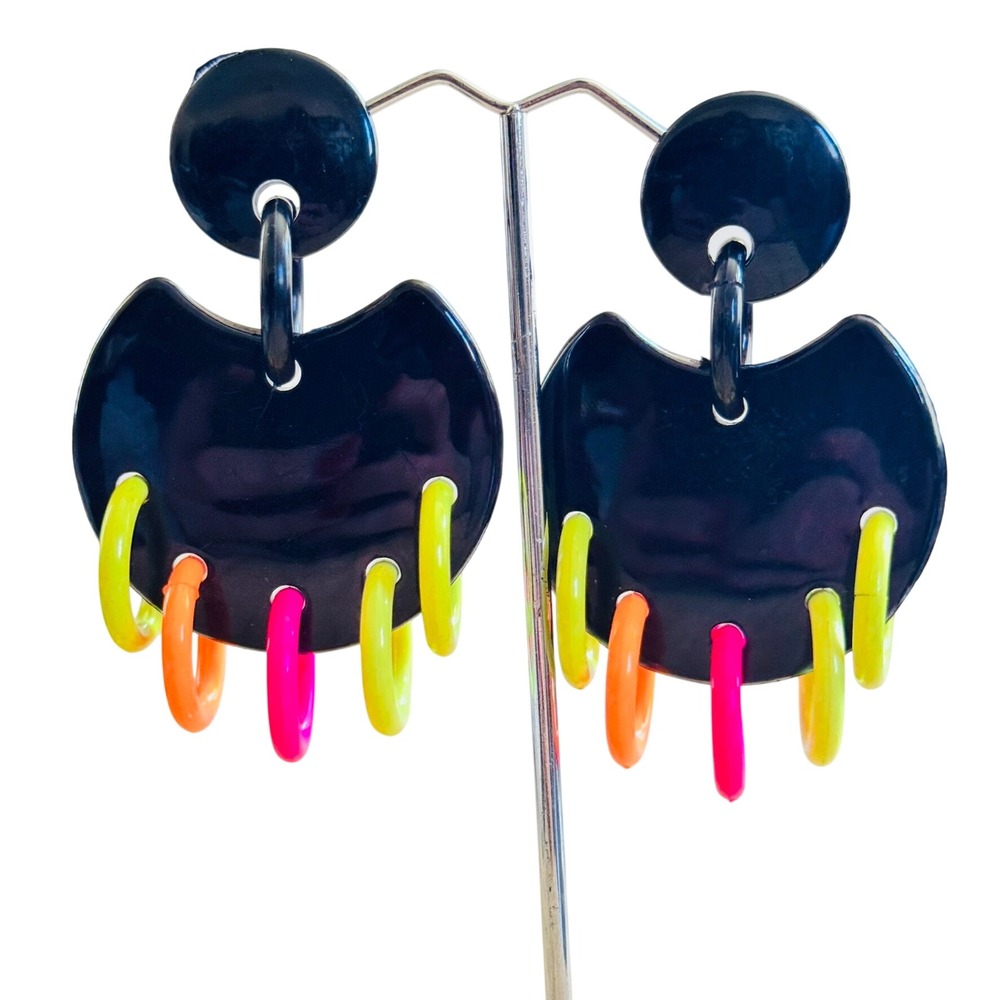 VTG Funky Flashy Large Earrings Neon Lucite Runway Rave Dangle 80s Statement